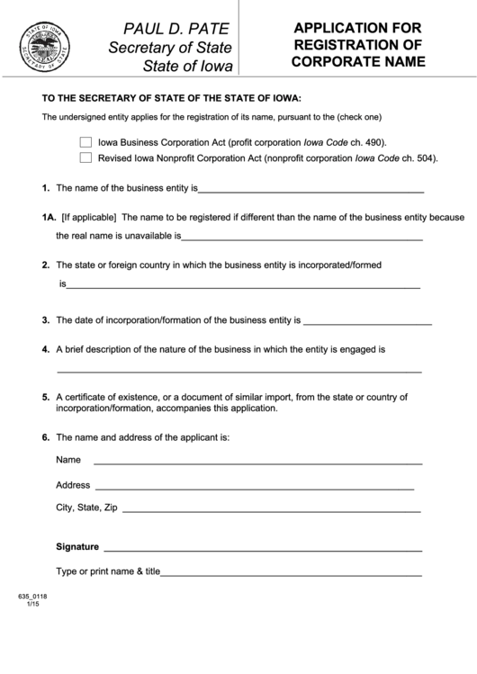 Fillable Form 635_0118 - Application For Registration Of Corporate Name Printable pdf