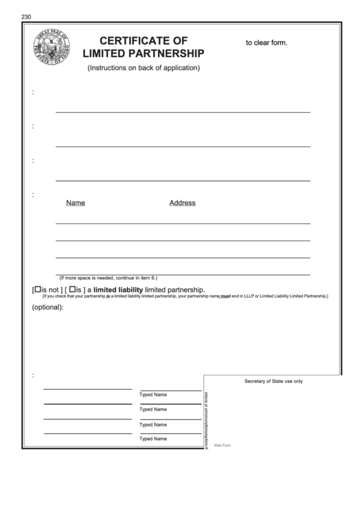 Fillable Form 230 - Certificate Of Limited Partnership Printable pdf