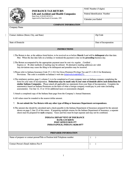 Fillable Form 6136 - Insurance Tax Return Life And Accident And Health Companies 2011 Printable pdf