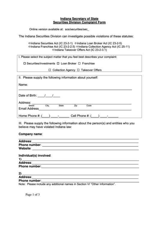 Securities Division Complaint Form Printable pdf