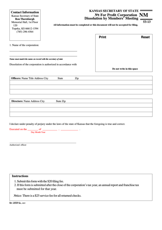 Fillable Form Nm 53-13 - Not For Profit Corporation Dissolution By Members