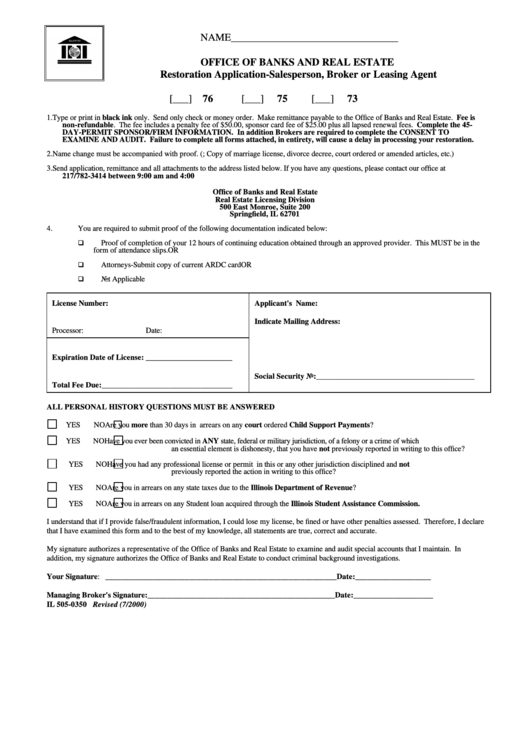 Form Il 505-0350 - Restoration Application-Salesperson, Broker Or Leasing Agent - Illinois Office Of Banks And Real Estate Printable pdf