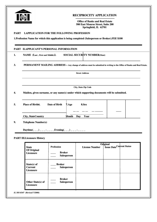 Form Il 505-0347 - Reciprocity Application Printable pdf