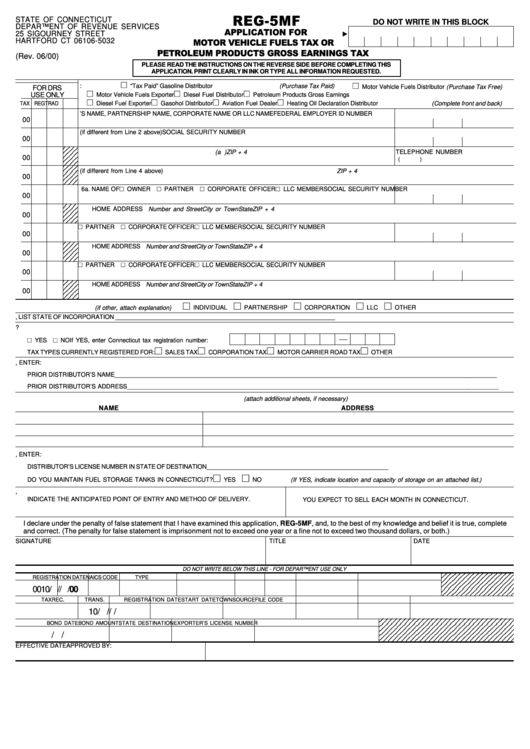 Form Reg-5mf - Application For Motor Vehicle Fuels Tax Or Petroleum Products Gross Earnings Tax - Connecticut Department Of Revenue Services Printable pdf