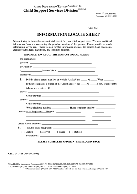 Form Cssd 04-1423 - Information Locate Sheet Printable pdf