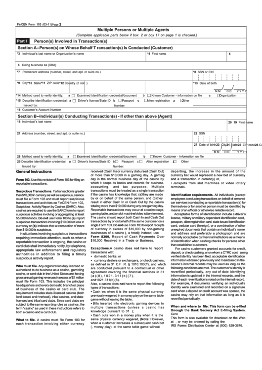 Fillable Fincen Form 103 - Multiple Persons Or Multiple Agents - 2011 Printable pdf