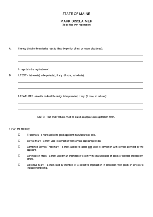 Fillable Form Mark-1a - Mark Disclaimer Printable pdf