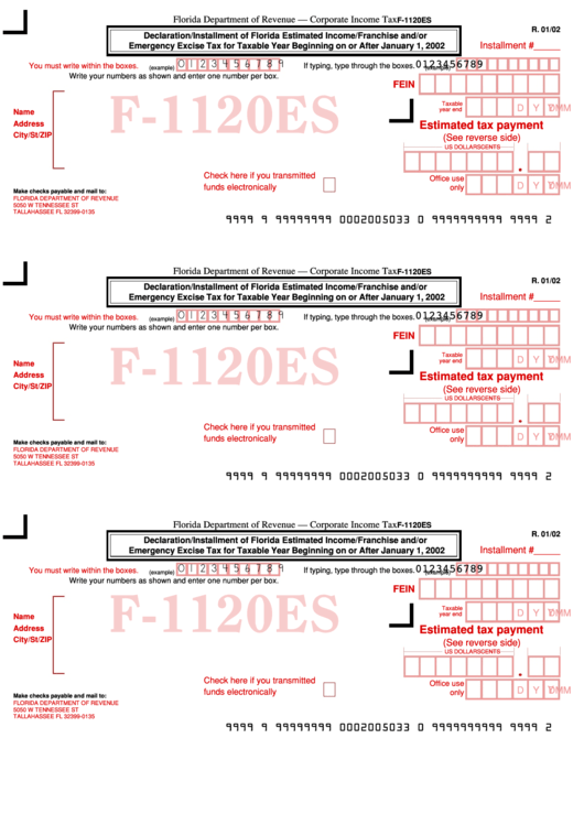 Form F-1120es - Corporate Income Tax - 2002 Printable pdf