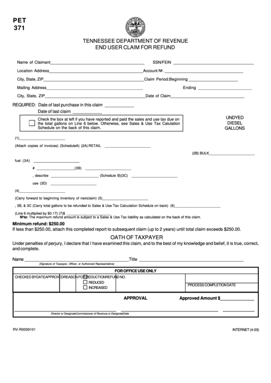 Form Pet 371 - End User Claim For Refund - Tennessee Department Of Revenue Printable pdf