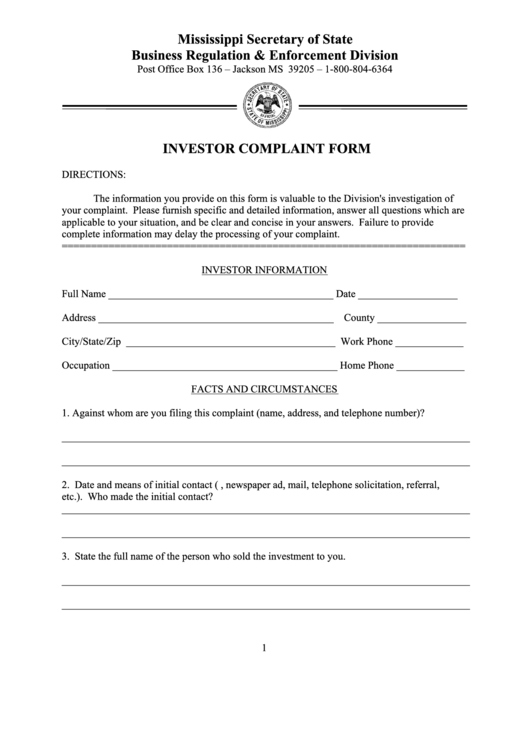 Investor Complaint Form - Mississippi Secretary Of State printable pdf ...