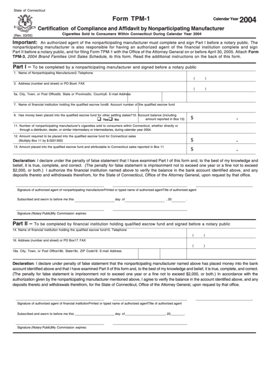 Form Tpm-1 - Certification Of Compliance And Affidavit By Nonparticipating Manufacturer - Connecticut Finance Department - 2004 Printable pdf