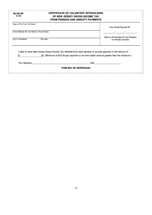 Fillable Form Nj-W4-P - Certificate Of Voluntary Withholding Of New Jersey Gross Income Tax From Pension And Annuity Payments - 1996 Printable pdf