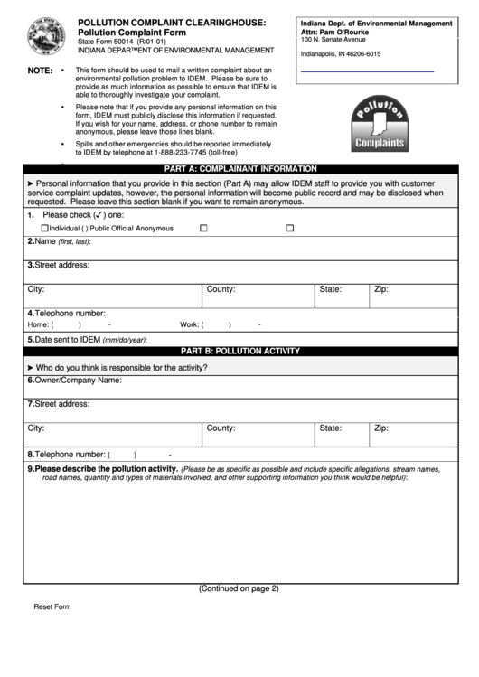 Fillable State Form 50014 - Pollution Complaint Clearinghouse: Pollution Complaint Form - Indiana Department Of Environmental Management Printable pdf