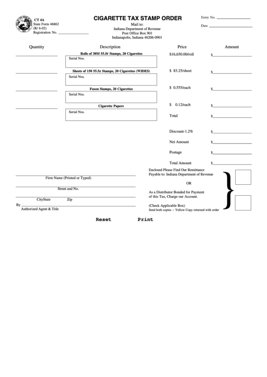Fillable Form Ct 4a - Cigarette Tax Stamp Order - Indiana Department Of Revenue Printable pdf