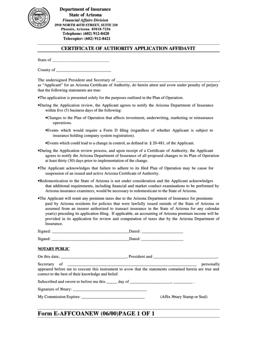 Form E-Affcoanew - Certificate Of Authority Application Affidavit Printable pdf