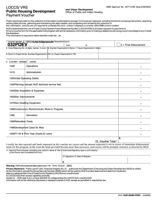 Form Hud-50080-Pdev - Public Housing Development Payment Voucher Printable pdf
