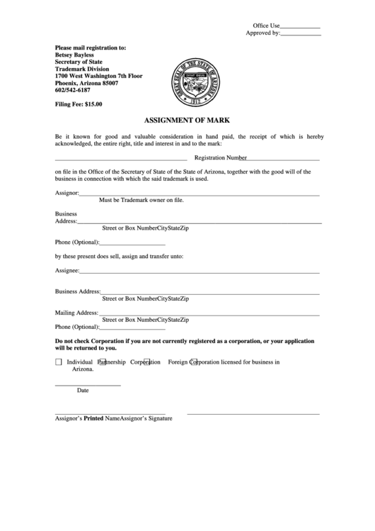 Fillable Assignment Of Mark Form - Arizona Secretary Of State Printable pdf