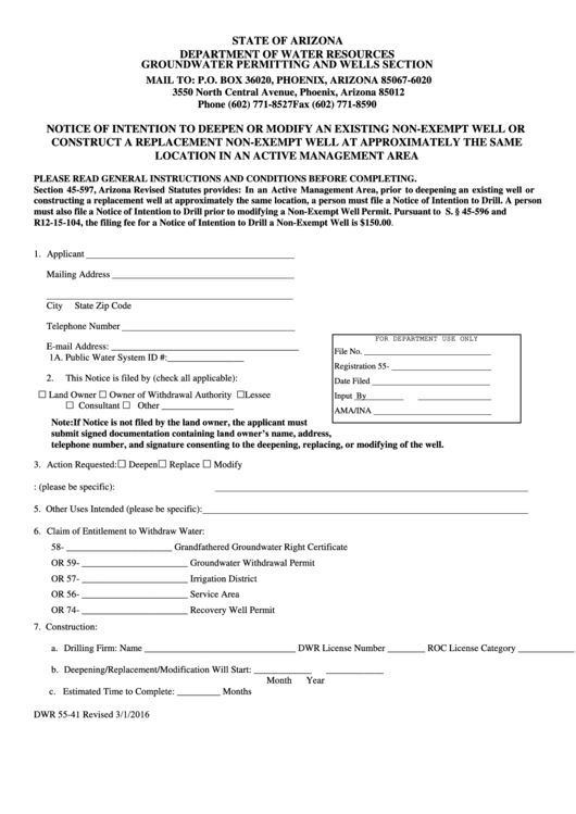 Form Dwr 55-41 - Notice Of Intention To Deepen Or Modify An Existing Non-Exempt Well Or Construct A Replacement Non-Exempt Well At Approximately The Same Location In An Active Management Area - 2016 Printable pdf