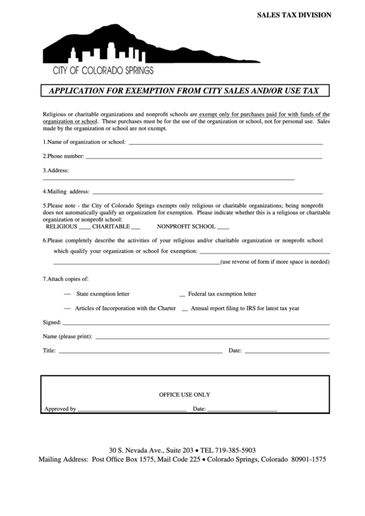 Application For Exemption From City Sales And/or Use Tax Form - City Of Colorado Springs Sales Tax Division Printable pdf