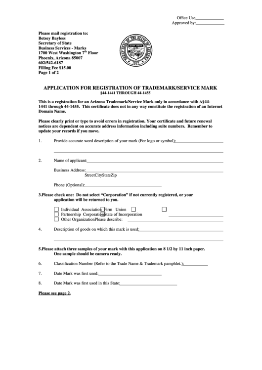 Fillable Application For Registration Of Trademark/service Mark Form - Arizona Secretary Of State Printable pdf