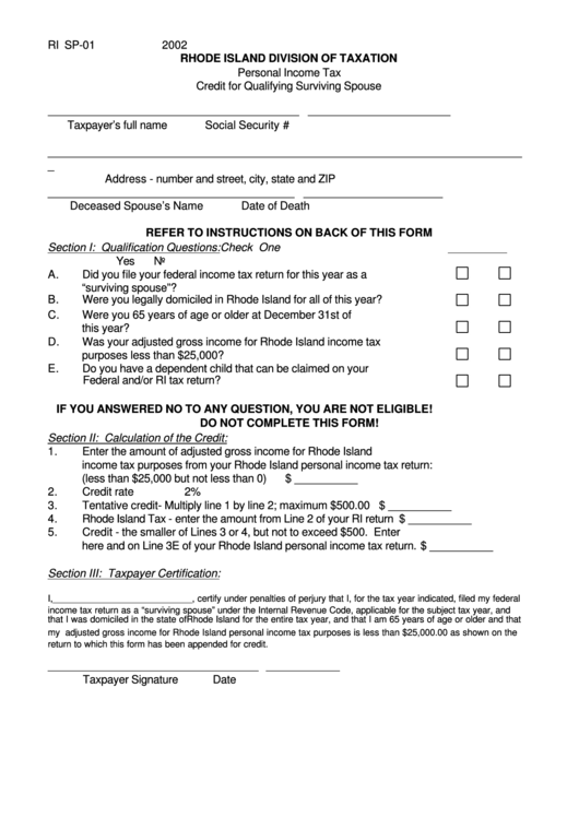 Form Ri Sp-01 - Personal Income Tax Credit For Qualifying Surviving Spouse Printable pdf