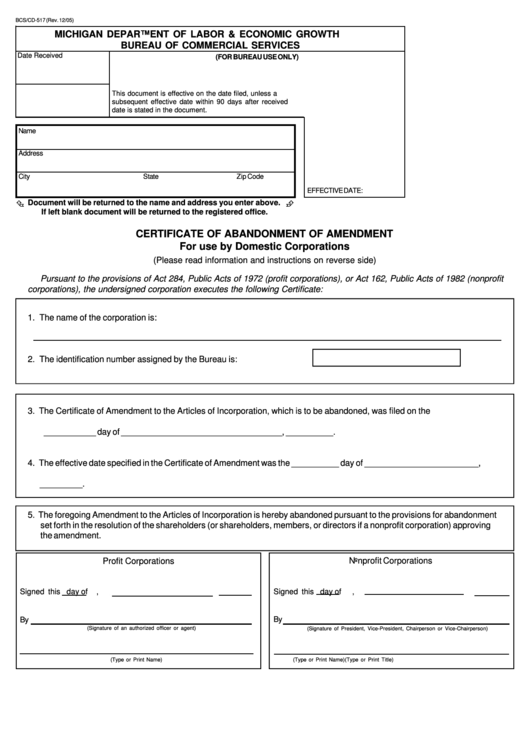 Fillable Form Bcs/cd-517 - Certificate Of Abandonment Of Amendement - 2005 Printable pdf