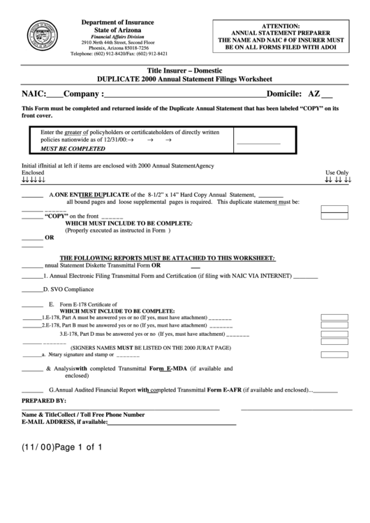 Form E-Title.dup - Title Insurer - Domestic Duplicate 2000 Annual Statement Filings Worksheet Printable pdf