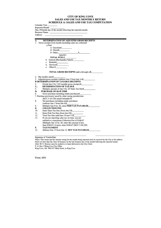 Sales And Use Tax Monthly Return - City Of King Cove Printable pdf