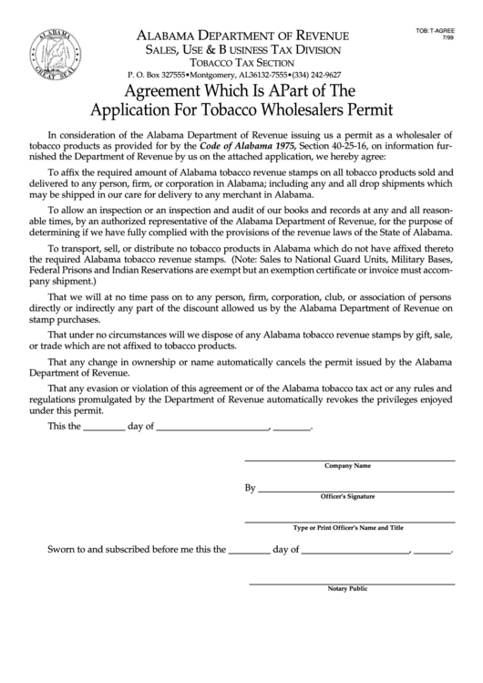 Fillable Form Tob-T-Agree - Agreement Which Is A Part Of The Application For Tobacco Wholesalers Permit Printable pdf