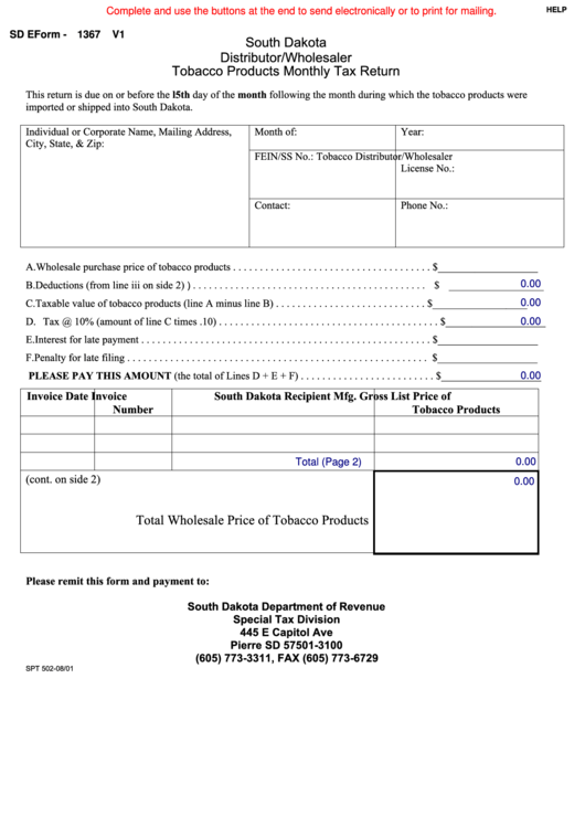 Fillable Sd Eform 1367 - Distributor/wholesaler Tobacco Products Monthly Tax Return Printable pdf