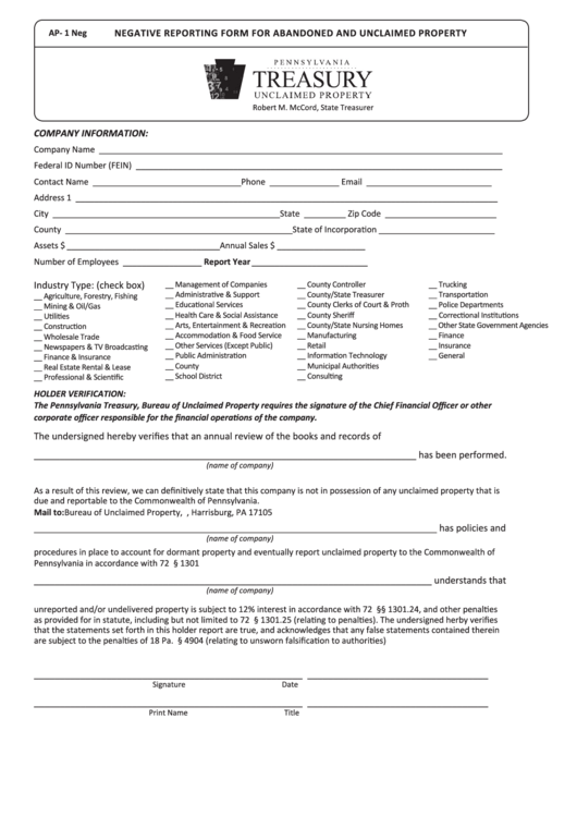 Fillable Form Ap- 1 Neg - Negative Reporting Form For Abandoned And Unclaimed Property Printable pdf