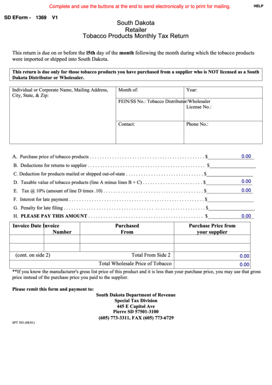 Fillable Sd Eform 1369 - Retailer Tobacco Products Monthly Tax Return Printable pdf