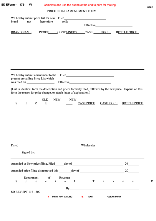 Fillable Sd Eform 1751 - Price Filing Amendment Form Printable pdf