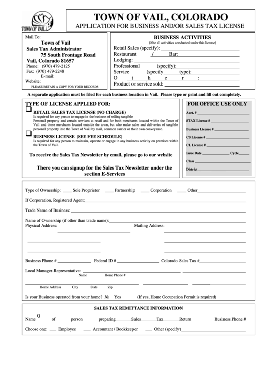 Application For Business And/or Sales Tax License Form - Town Of Vail, Colorado Printable pdf
