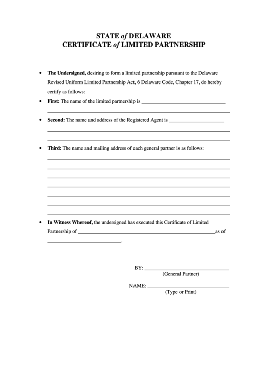 Certificate Of Limited Partnership Form - Delaware Printable pdf