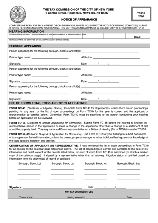 Form Tc135 - Notice Of Appearance - 2000 Printable pdf