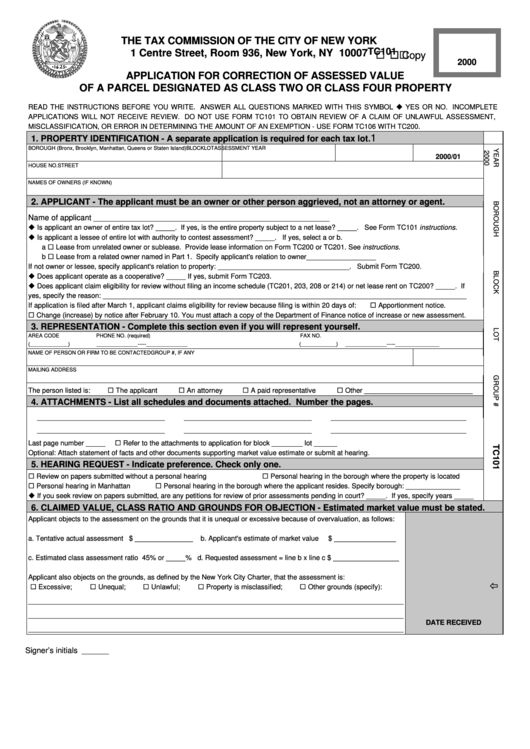 Form Tc101 - Application For Correction Of Assessed Value Of A Parcel Designated As Class Two Or Class Four Property Printable pdf