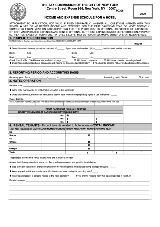 Form Tc208 - Income And Expense Schdule For A Hotel - 2000 Printable pdf