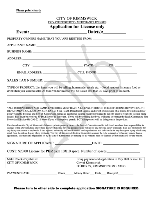 Application For License Form - City Of Kimmswick Printable pdf
