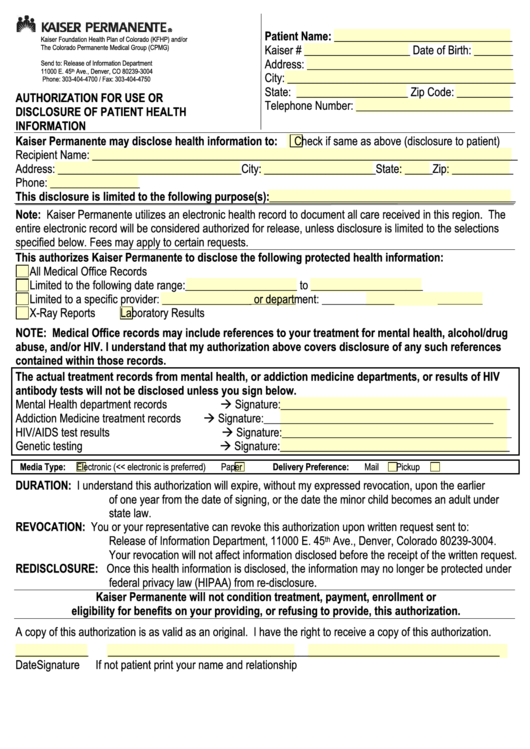 Authorization For Use Or Disclosure Of Patient Health Information Form Printable pdf