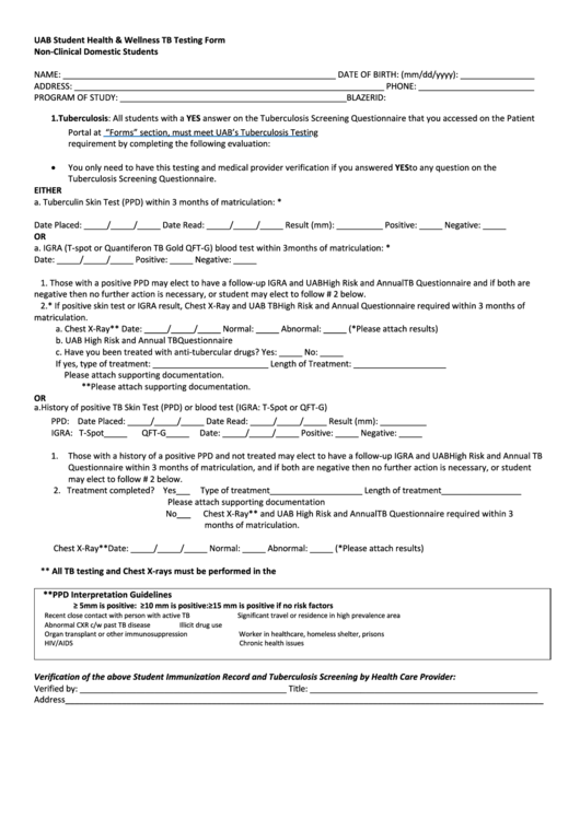 Uab Student Health & Wellness Tb Testing Form - Non-Clinical Domestic Students (Ppd) Printable pdf