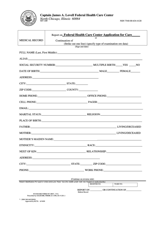 Standard Form 507 - Federal Health Care Center Application For Care Printable pdf