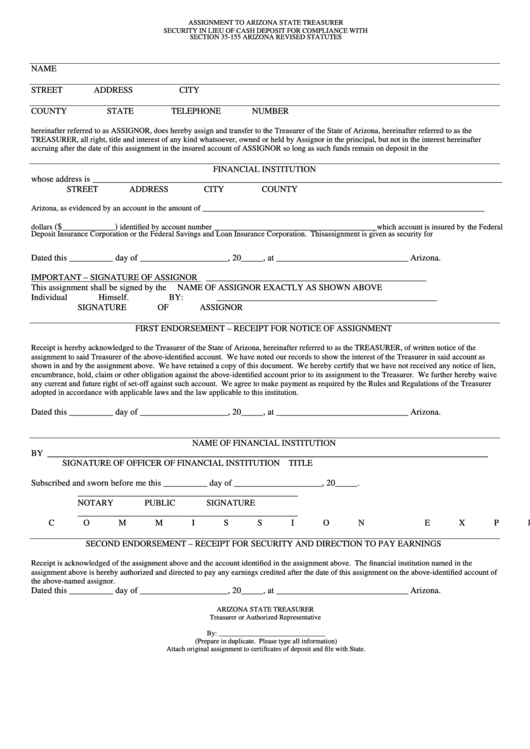 Assignment To Arizona State Treasurer Form Printable pdf