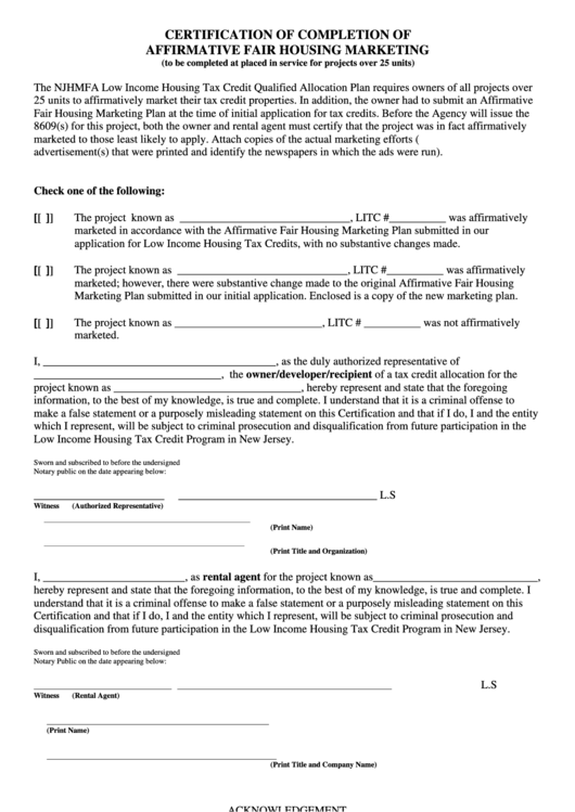 Certification Of Completion Of Affirmative Fair Housing Marketing Form