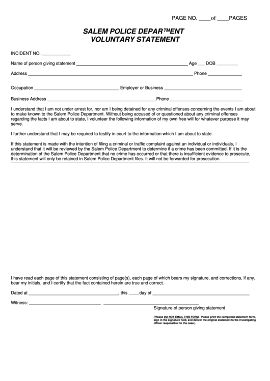 Fillable Voluntary Statement Form - Salem Police Department Printable pdf