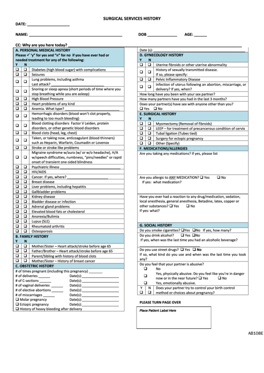 Surgical Services History Form Printable pdf