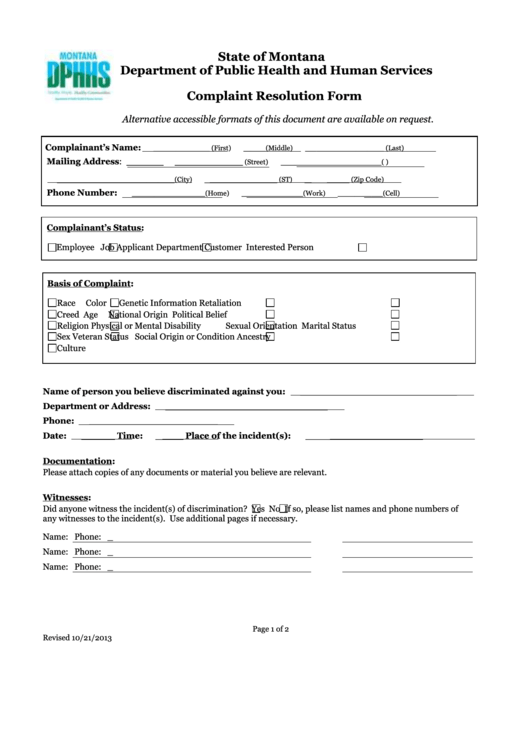 Fillable Department Of Public Health And Human Services Complaint Resolution Form Printable pdf