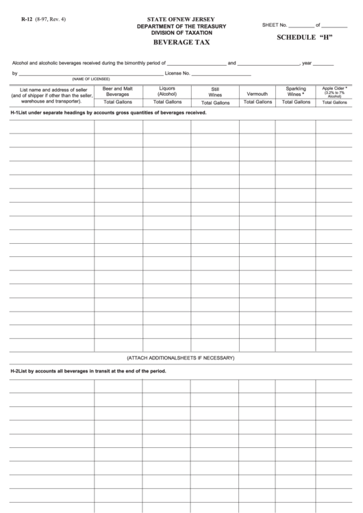 Fillable Form R-12 - Beverage Tax - Schedule "H" Printable pdf
