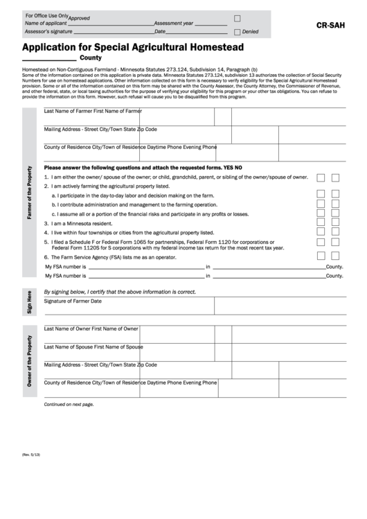 Fillable Form Cr-Sah - Application For Special Agricultural Homestead Printable pdf
