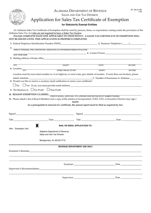 Fillable St: Ex-A1-Se Form - Application For Sales Tax Certificate Of Exemption Printable pdf